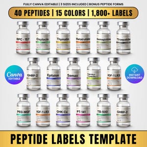 Meer dan 1800 peptide-etiketten, 40 namen in 15 kleuren en 3 formaten, holografische thermische etiketten, therapeutische Retatrutide-etiketten, Canva-sjabloon