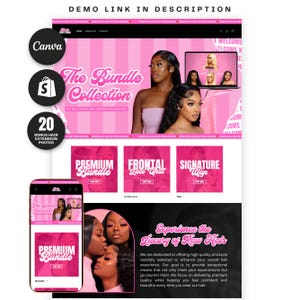 Rosa Shopify hår webbdesign, färdig Glam Canva webbplats, redigerbar hår webbplatsmall, rosa tema banners, Shopify tema hår banners