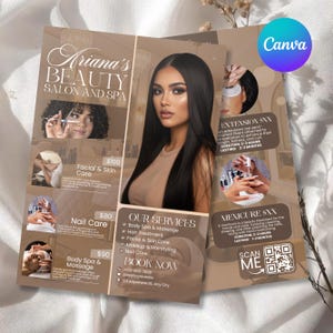 May include: A flyer for Ariana's Beauty Salon and Spa, featuring a woman with long dark hair. The flyer lists services like facials, nail care, and body spa treatments. It includes the text "Book Now" and a QR code for scanning.