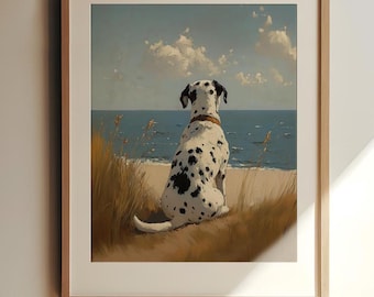 May include: A black and white Dalmatian dog sits on a sandy beach, looking out at the ocean. The dog is wearing a brown collar and has a white background.