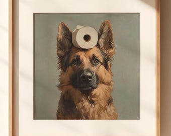 Peut inclure: Impression encadrée d'un berger allemand avec un rouleau de papier toilette sur la tête. Le chien a un pelage brun et noir sur un fond gris. L'œuvre est présentée dans un cadre en bois.