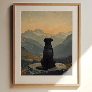 May include: A black dog sits on a rock overlooking a mountain range with a hazy sunset in the background.