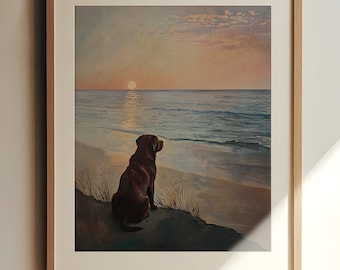 Ocean Lovers Gift | Beach Dog Print | Chocolate Lab Gift | Vintage Labrador Print