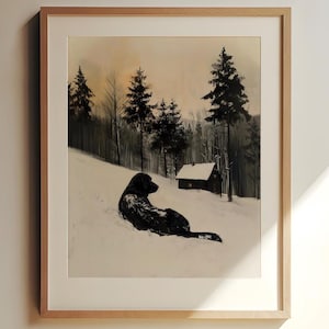 Vintage Black Labrador Retriever Art Print Poster, Winter Cabin Home Decoration, Rustic Home Decor.
