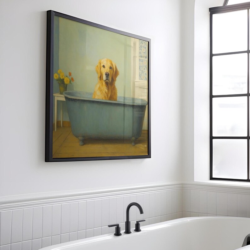 May include: Framed artwork featuring a golden retriever dog in a teal bathtub. The dog is the focal point, with a serene expression. The background includes a small table with yellow flowers and a window. The artwork is framed in a black frame.