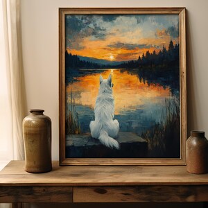 Pine Forest Wall Art | White Shepherd Art | Lake Cabin Decor | Sunset Forest Print image 4