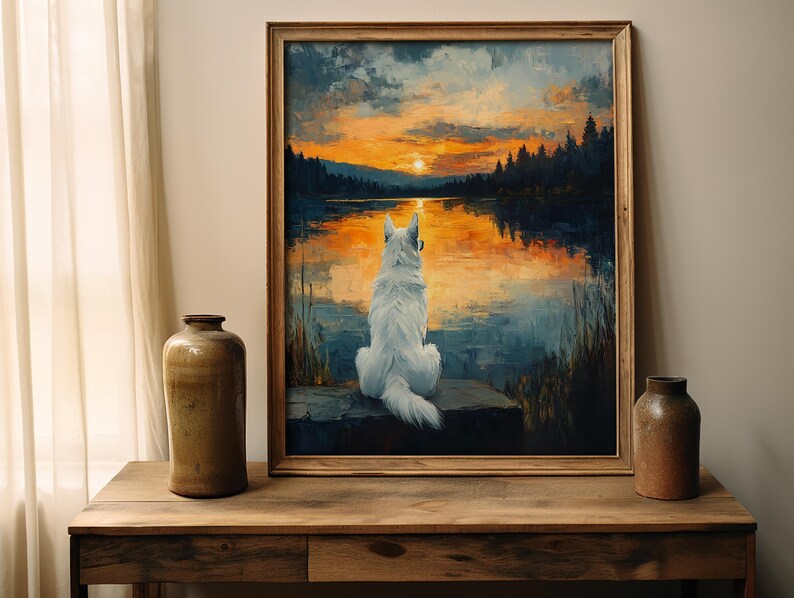 Pine Forest Wall Art | White Shepherd Art | Lake Cabin Decor | Sunset Forest Print image 4