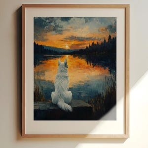 Pine Forest Wall Art | White Shepherd Art | Lake Cabin Decor | Sunset Forest Print image 1