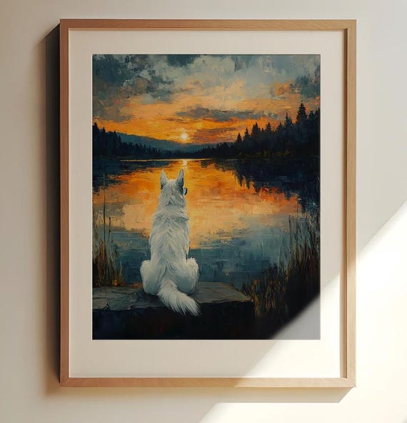Pine Forest Wall Art | White Shepherd Art | Lake Cabin Decor | Sunset Forest Print