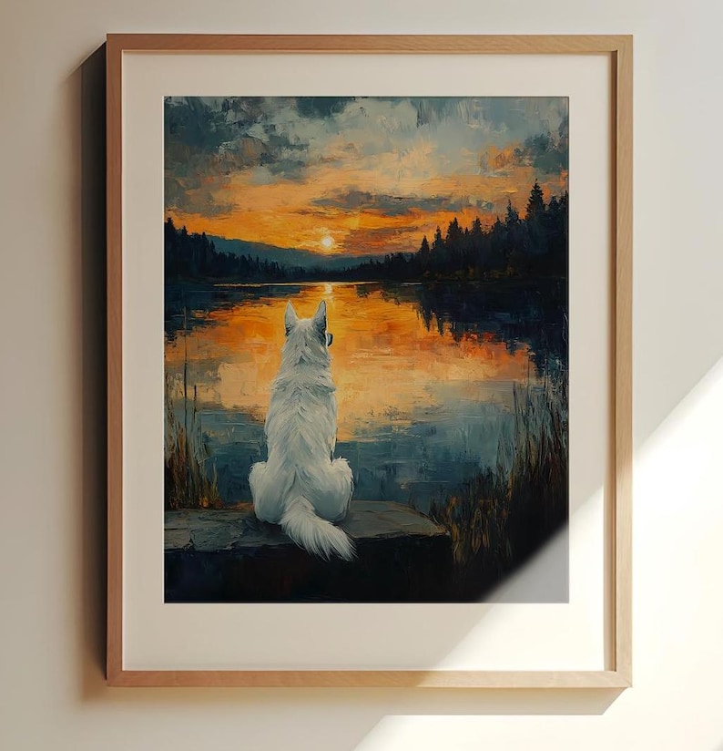 Pine Forest Wall Art | White Shepherd Art | Lake Cabin Decor | Sunset Forest Print image 1