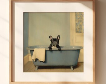 French Bulldog in Bathtub Wall Art | French Bulldog Painting | Bathroom Wall Art