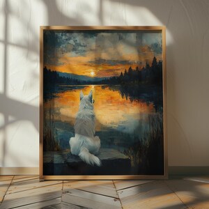 Pine Forest Wall Art | White Shepherd Art | Lake Cabin Decor | Sunset Forest Print image 2