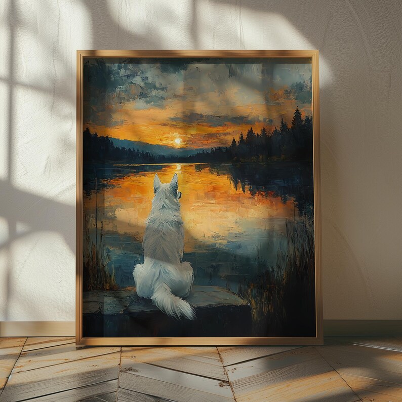 Pine Forest Wall Art | White Shepherd Art | Lake Cabin Decor | Sunset Forest Print image 2