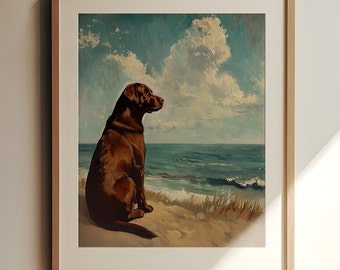 Ocean Lovers Gift | Beach Dog Print | Chocolate Lab Gift | Vintage Labrador Print