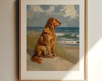 Vintage Golden Retriever Print | Ocean Lovers Gift | Beach House Cottage | Beach Dog Gift | Golden Retriever Mom