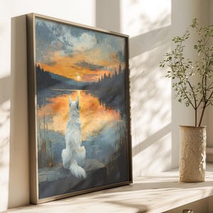 Pine Forest Wall Art | White Shepherd Art | Lake Cabin Decor | Sunset Forest Print image 3