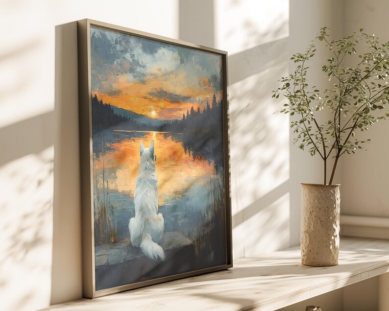 Pine Forest Wall Art | White Shepherd Art | Lake Cabin Decor | Sunset Forest Print image 3