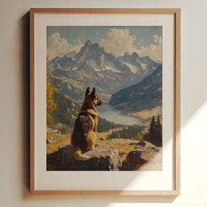 Mountaineer Gift | German Shepherd Print | Dog Adventurer | Lake Forest Print | Pine Forest Mountain