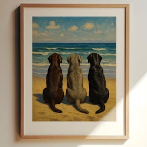 Vintage Labrador Art Print: Chocolate, Silver & Black Labs on Beach