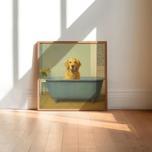 May include: A framed print featuring a golden retriever dog in a vintage blue bathtub. The dog is looking directly at the viewer. The background includes a small table with yellow flowers and a light blue wall.