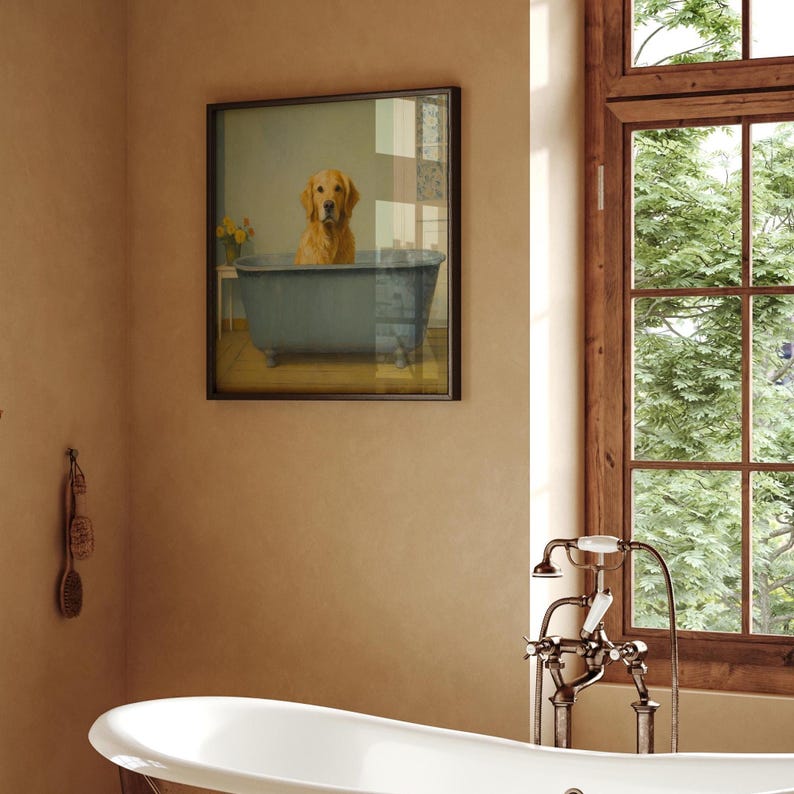 Dog in Bathtub Print | Restroom Wall Art | Farmhouse Bath Decor | Vintage Golden Retriever Print | Golden Retriever Mom image 3