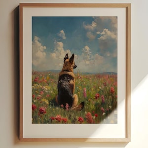 Wildflower Landscape Wall Art | German Shepherd Print | Pastoral Print | Flower Field Print | Summer Meadow Decor