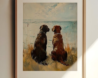 Dog Best Friends | Ocean Lovers Gift | Beach Dogs Print | Chocolate Lab Gift | Vintage Labrador Print