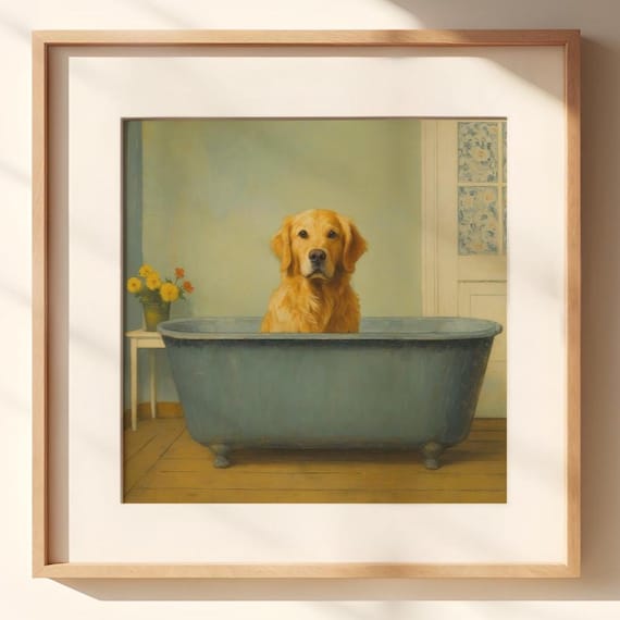Dog in Bathtub Print | Restroom Wall Art | Farmhouse Bath Decor | Vintage Golden Retriever Print | Golden Retriever Mom