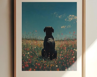 Pode incluir: Impressão artística emoldurada com um cão preto sentado num campo de flores silvestres. O cão é visto por trás, olhando para um céu azul com nuvens. A obra de arte está emoldurada numa moldura de madeira clara.