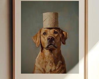 May include: A framed painting of a golden Labrador with a cardboard toilet roll hat. The dog has a serious expression, set against a muted teal background. The artwork is in a wooden frame.