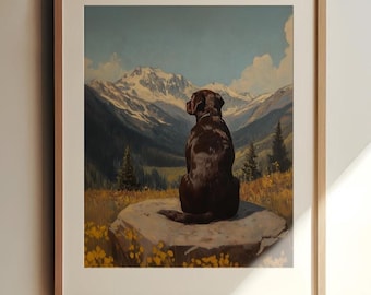 Mountaineer Gift | Dog Adventurer | Chocolate Lab Gift | Pine Forest Mountain | Vintage Labrador Print