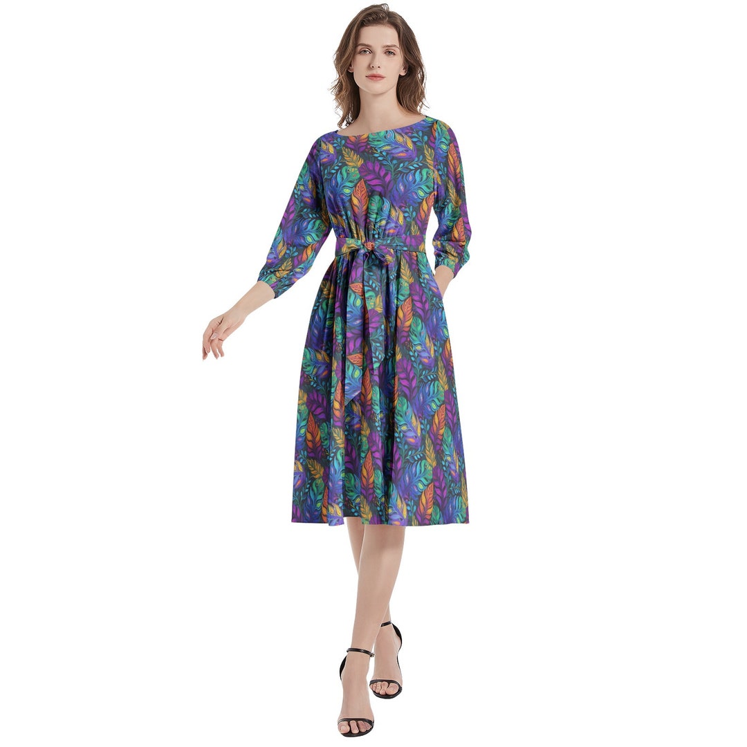 Boat Neck Belted Flared Dress main image 1