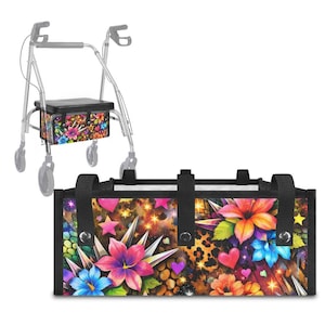 Peut inclure: Sac de déambulateur coloré avec un motif floral vibrant avec des fleurs roses, bleues et oranges, sur un fond d'imprimé léopard. Le sac a des sangles noires et est conçu pour être fixé à un déambulateur.