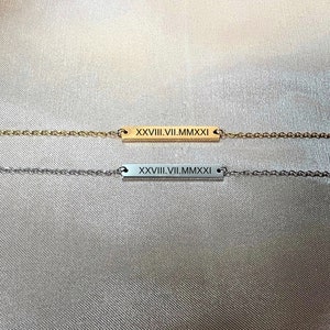 Bracelet chaîne plaqué or 18 carats avec date et chiffres romains, élégant bracelet gravé personnalisé, bracelet à message personnalisé