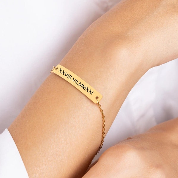 Roman Numeral Date Rectangle Bar 18k Gold Plated Chain Bracelet, Personalized Engraved Sleek Wrist Band, Custom Message Claw Arm Wristlet