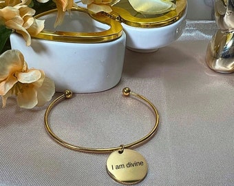 18K Gold Plated Cuff Bracelet, Stainless Steel Custom Made Bangle, Personal Message Engraved Sleek Classy Wristlet, Heart Love Note Jewelry