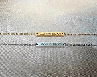 Bracciale con data e numeri romani, bracciale personalizzato con barra in oro 18k