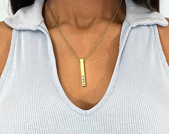 Collana con barra verticale personalizzata, gioielli placcati in oro 18k con incisione della data personalizzata