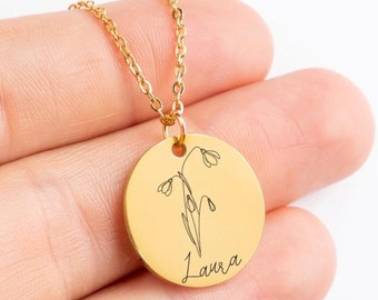 Collier fleur de naissance prénom personnalisé en plaqué or 18 carats, collier gravé d'un message personnalisé cercle, cadeau de bijoux avec pendentif floral du mois d'anniversaire