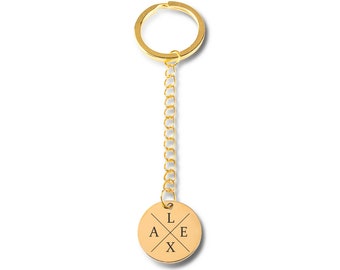 Portachiavi placcato oro con iniziali personalizzate, ciondolo con nome inciso