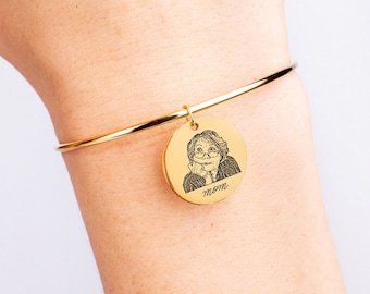 Human Portrait 18K Gold Plated Cuff Bracelet, Stainless Steel Custom Made Bangle, Message Engraved Classy Arm Chain, Heart Love Note Jewelry
