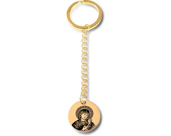 Portachiavi personalizzato con la Vergine Maria e Gesù Bambino, portachiavi religioso personalizzato con incisione