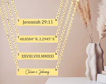 Collana personalizzata con barra in oro 18k, nome inciso, data, gioielli coordinati