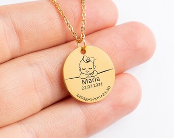 Collana personalizzata con dettagli sulla nascita del bambino, gioielli con nome inciso per neonati, regalo per lei