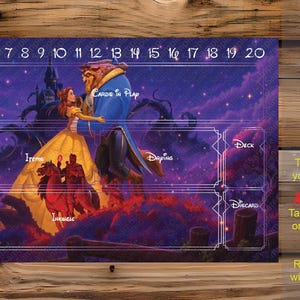 May include: A rectangular game playmat featuring a purple and blue night sky background with a castle silhouette and the characters Belle and the Beast dancing. The mat includes white printed text labels for Location, Cards in Play, Items, Inkwell, Drying, Deck, and Discard, along with a numbered sequence from 1 to 20 across the top edge.