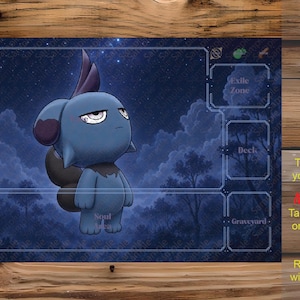May include: A rectangular playmat featuring a dark blue night sky background with a forest silhouette and a central blue cartoon creature. The mat includes white outlined zones labeled Soul Deck, Exile Zone, Deck, and Graveyard, with a numbered column.
