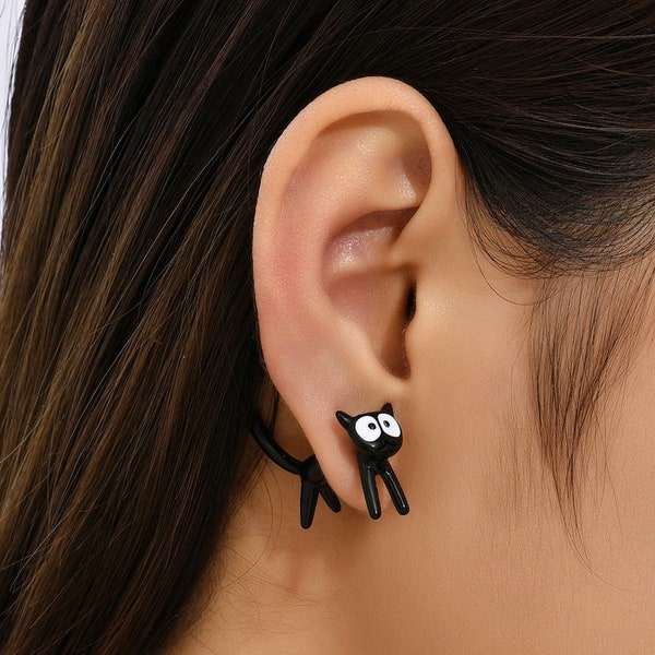 Cat Earrings • Hand-Painted • 3D Printed • Quirky • Funny • Weird • Gift • Whimsical Cat Stud Earrings • Black and White Jewelry
