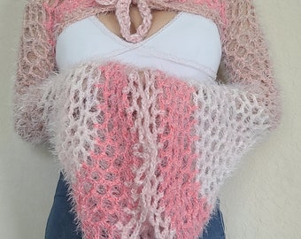 Handmade crochet bolero shrug with bow, mesh bell sleeves, multicolor top, coquette, fairy