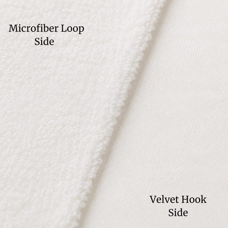 May include: A white fabric material showing two distinct textures side by side. The left section is labeled Microfiber Loop Side and features a textured, looped surface. The right section is labeled Velvet Hook Side and has a smooth finish.