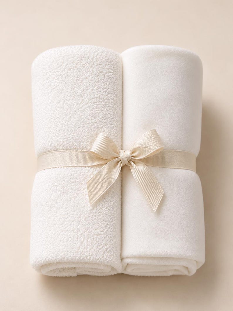 May include: Two folded white blankets secured together with a light beige ribbon tied in a bow. One blanket features a textured, nubby surface, while the other blanket has a smooth, soft fleece-like texture. The items are presented as a set.